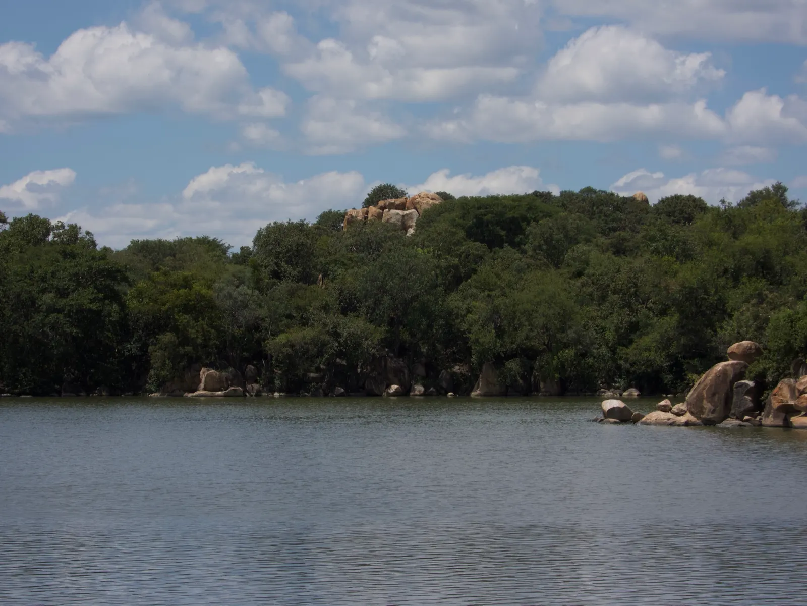 View across a Khami dam to trees on the far bank