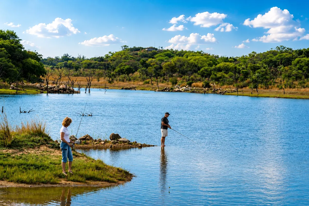 Guests fishing from the bank of a Khami dam on a bright day