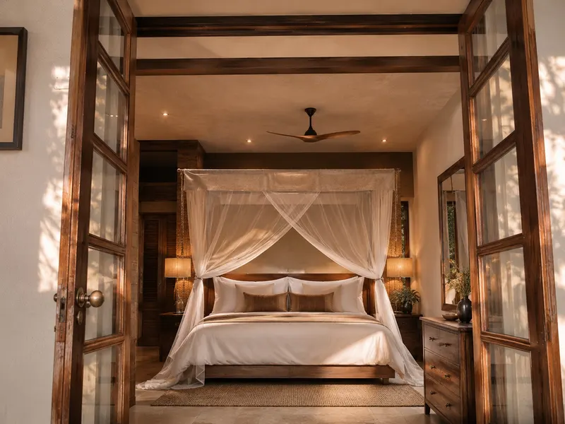 A canopied bed in a thatched bedroom at Khami Lodge, doors open onto the bush