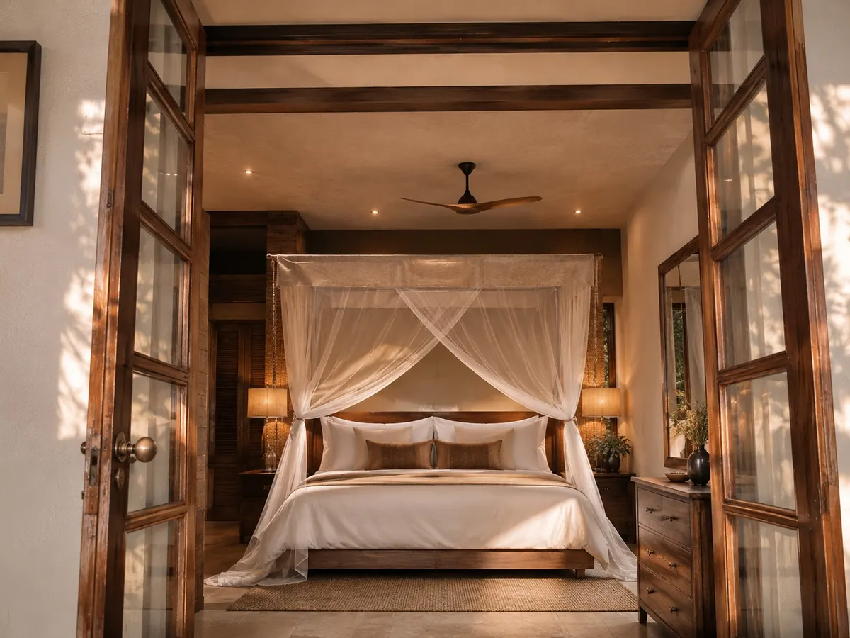 A canopied bed in a thatched bedroom, doors open onto the bush