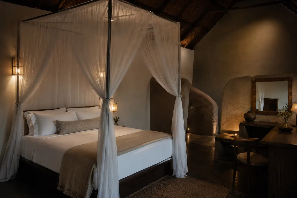 A four-poster bed beneath the thatch