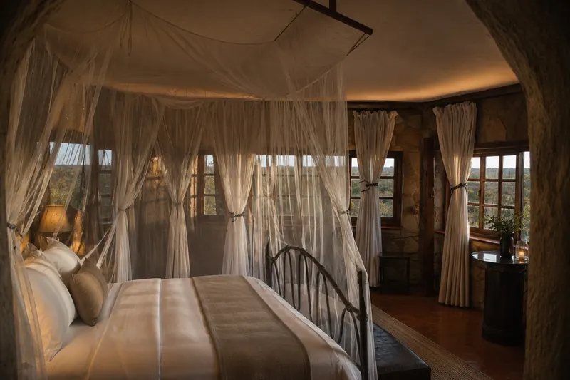 A bed under a mosquito net beside a window onto the bush