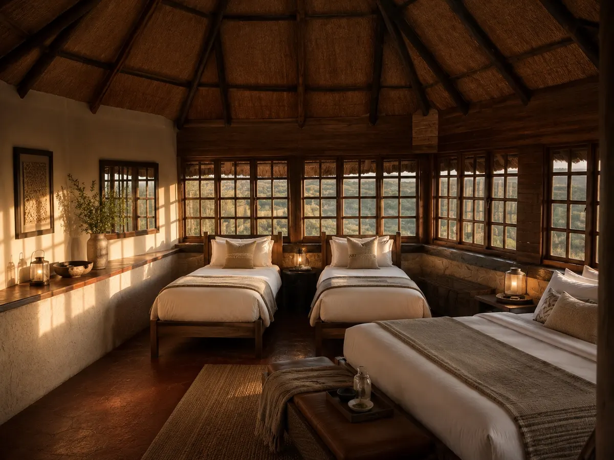 A twin bedroom with beds dressed in white