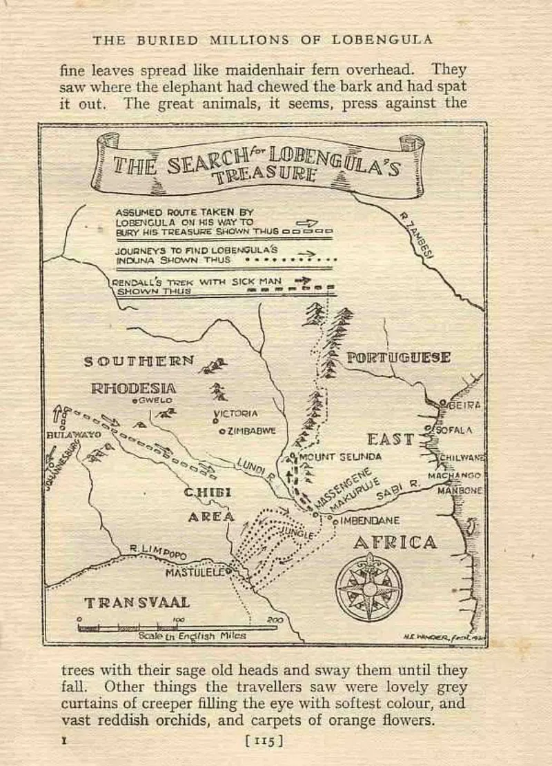 A vintage map illustrating the legend of Lobengula's hidden treasure, from an old published account