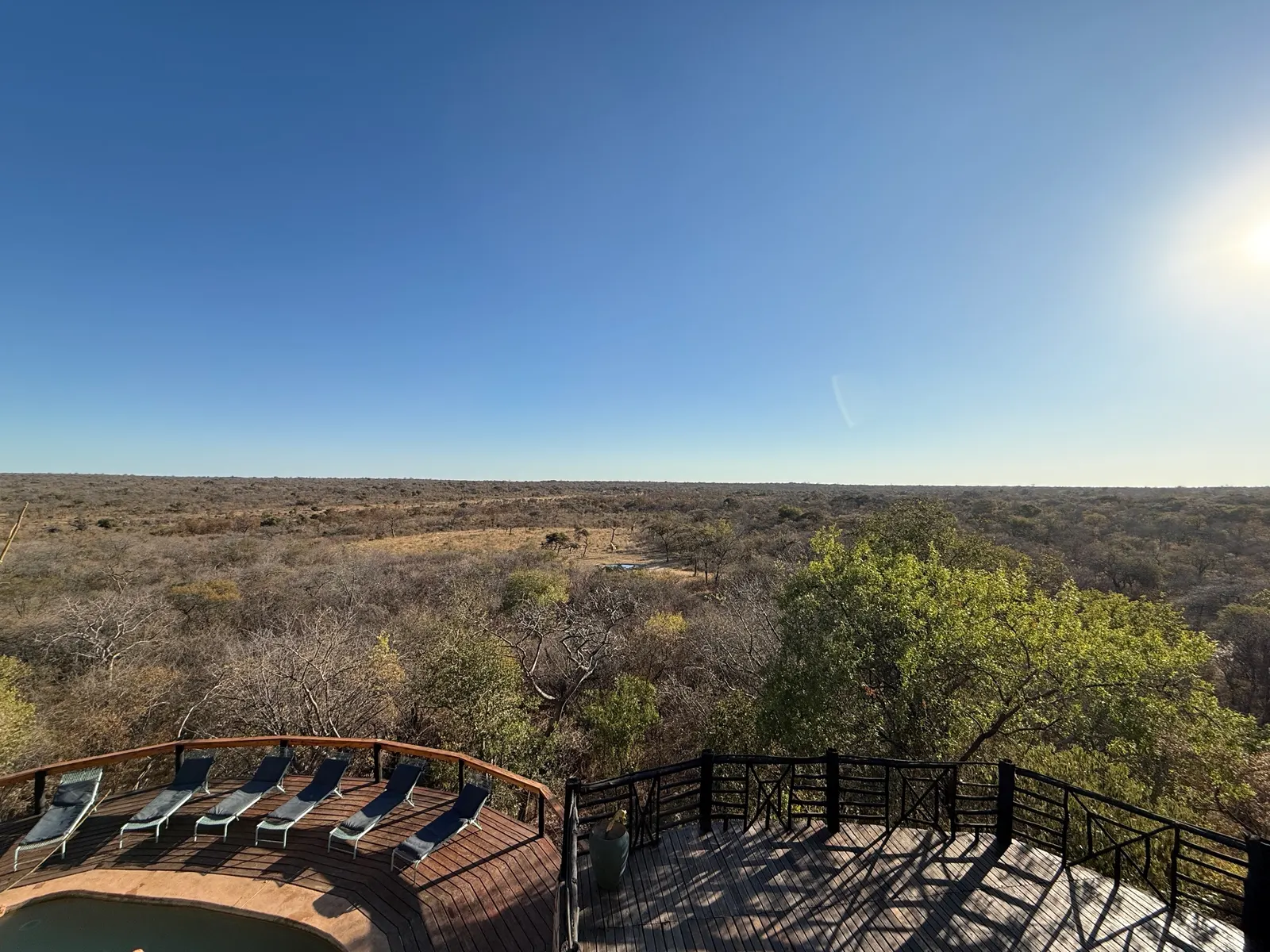 The pool deck at Khami Lodge at golden hour, looking out over the reserve